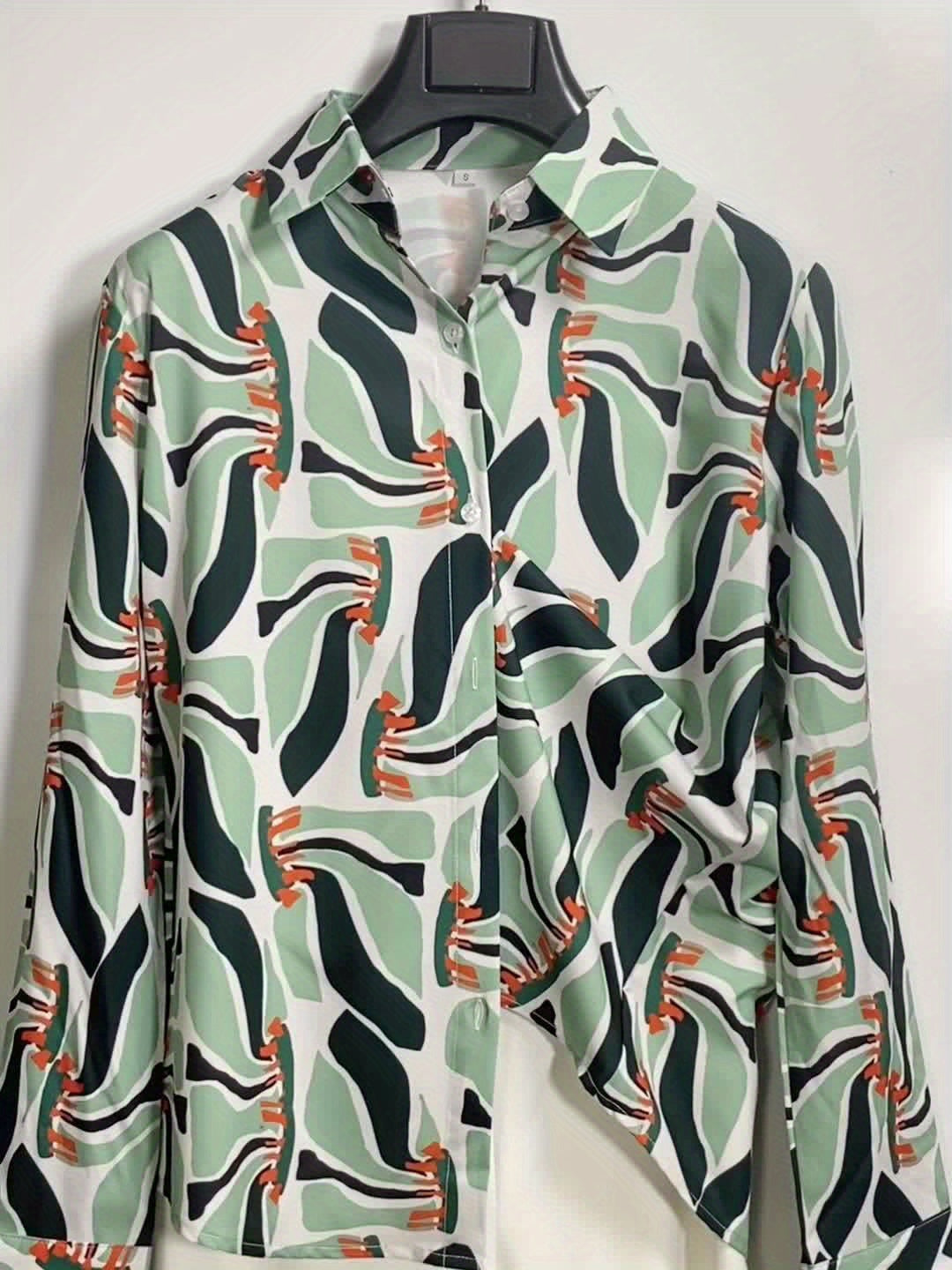 Chemise décontractée en mousseline de soie pour femme - Imprimé plantes des bois, manches longues, légère et confortable, chemisier aéré