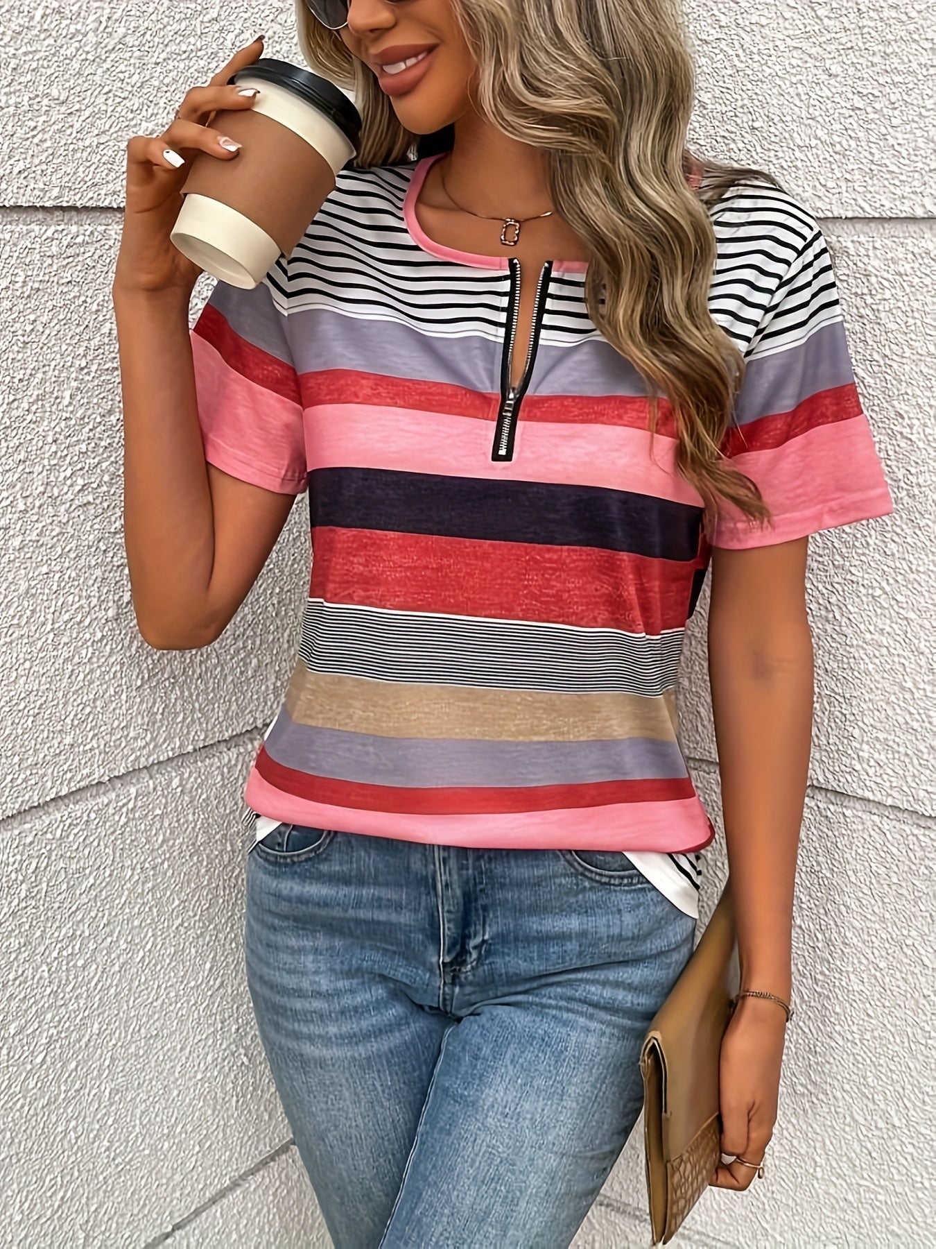 T-shirt en lin pour femme - T-shirt rayé en bloc de couleurs avec zip-up et col rond