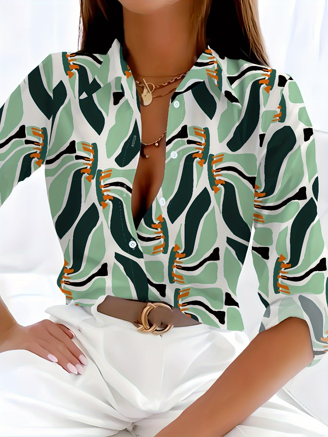 Chemise décontractée en mousseline de soie pour femme - Imprimé plantes des bois, manches longues, légère et confortable, chemisier aéré