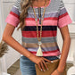 T-shirt en lin pour femme - T-shirt rayé en bloc de couleurs avec zip-up et col rond