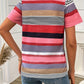 T-shirt en lin pour femme - T-shirt rayé en bloc de couleurs avec zip-up et col rond