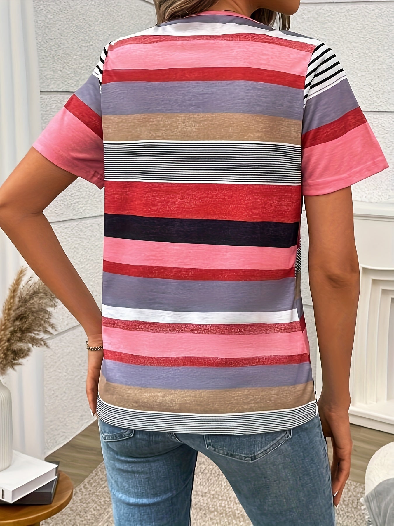 T-shirt en lin pour femme - T-shirt rayé en bloc de couleurs avec zip-up et col rond