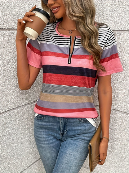 T-shirt en lin pour femme - T-shirt rayé en bloc de couleurs avec zip-up et col rond