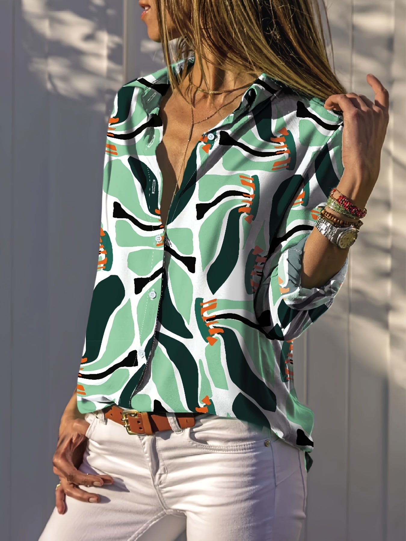 Chemise décontractée en mousseline de soie pour femme - Imprimé plantes des bois, manches longues, légère et confortable, chemisier aéré