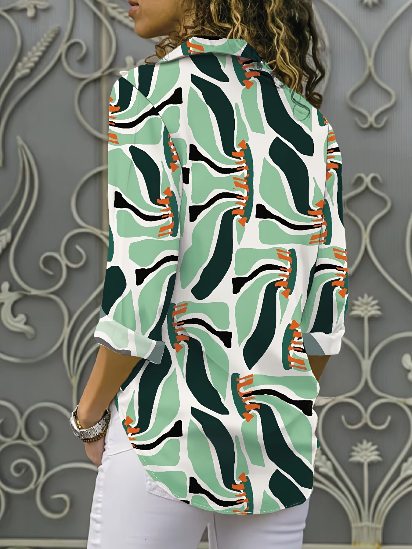 Chemise décontractée en mousseline de soie pour femme - Imprimé plantes des bois, manches longues, légère et confortable, chemisier aéré